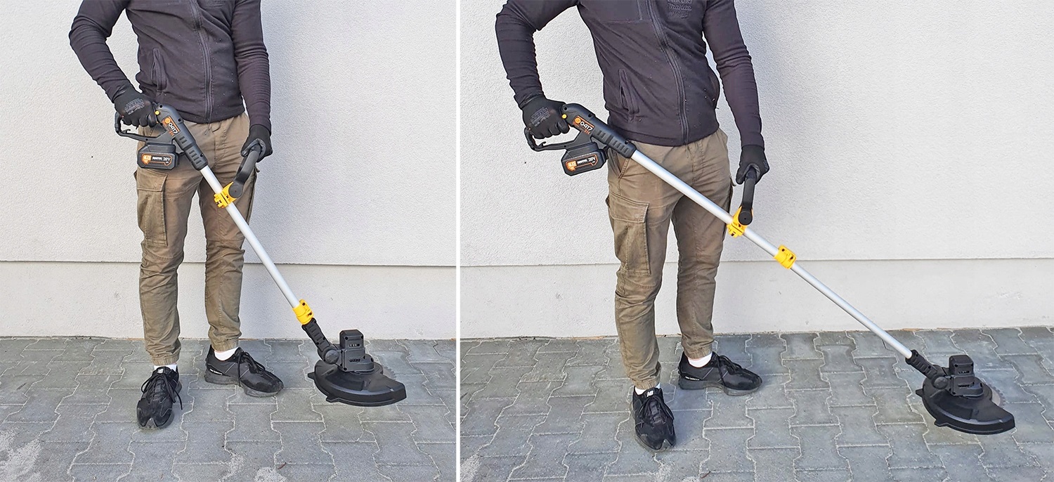 Podkaszarka przedstawiona na tle garażu.